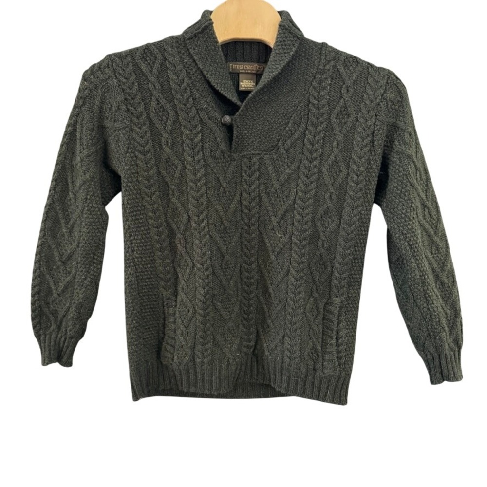 Inis Crafts Ireland 100% Merino Wool Cable Knit Shawl Collar Sweater Green Men L